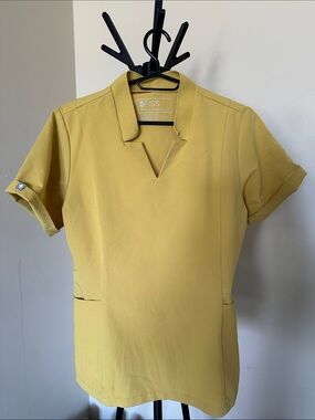 Figs Mustard Medical Scrub Top with Notch V-Neck